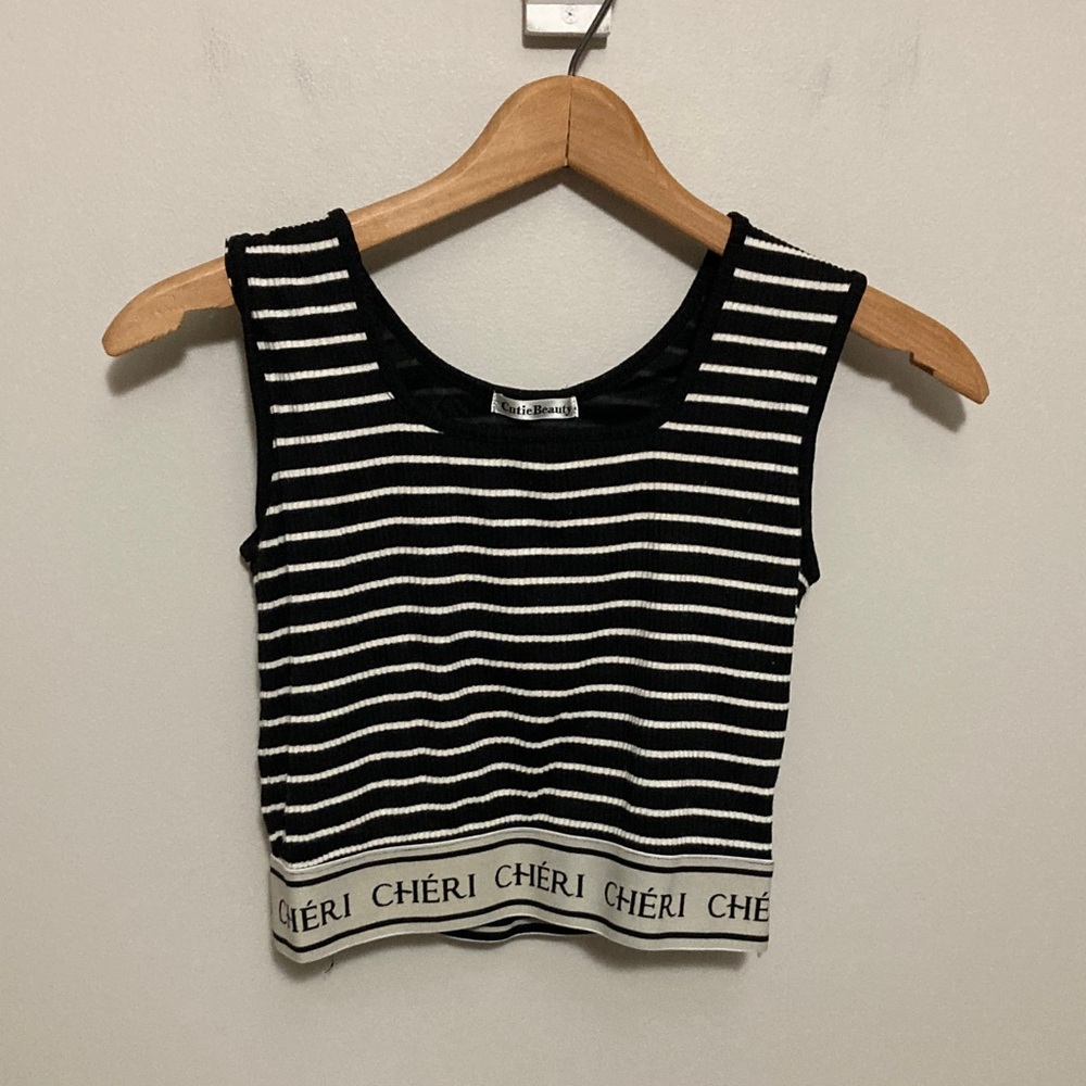 Cutie Beauty Black White Striped Cropped Tank Top Elastic Waistband Cheri Medium